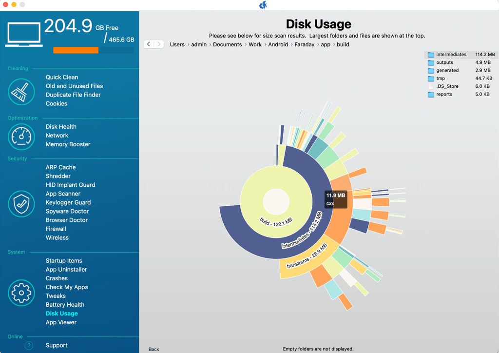 iBoostUp disk usage screen